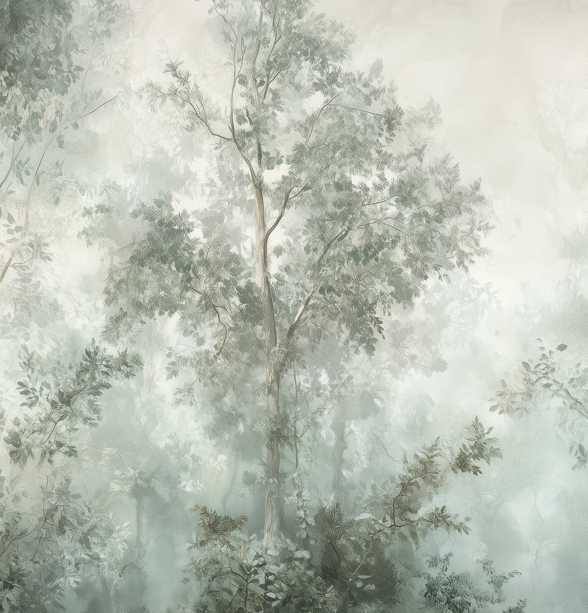 Selbstklebende Tapete „Waldhauch“ – Aquarell-Landschaft mit pastelligem Wald in Salbeigrün und Taupe