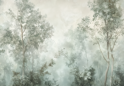 Selbstklebende Tapete „Waldhauch“ – Aquarell-Landschaft mit pastelligem Wald in Salbeigrün und Taupe