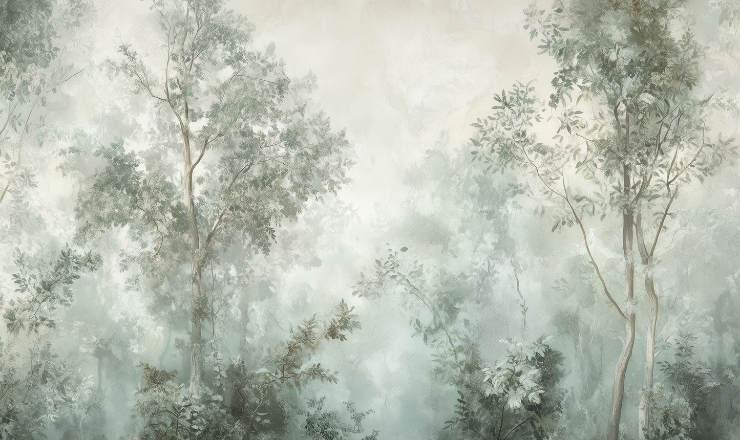Selbstklebende Tapete „Waldhauch“ – Aquarell-Landschaft mit pastelligem Wald in Salbeigrün und Taupe