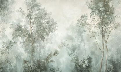 Selbstklebende Tapete „Waldhauch“ – Aquarell-Landschaft mit pastelligem Wald in Salbeigrün und Taupe