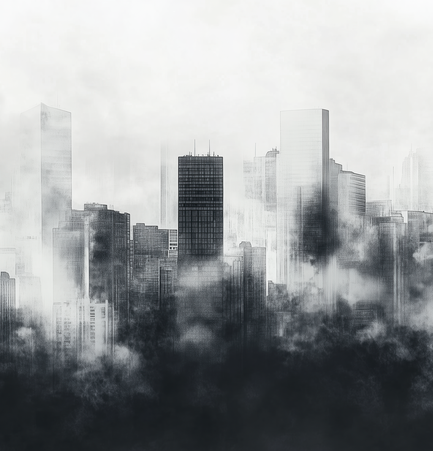 Digitaltapete „Stadtgeflüster“ mit urbaner Skyline im Nebel – in Graustufen, graphisch und modern