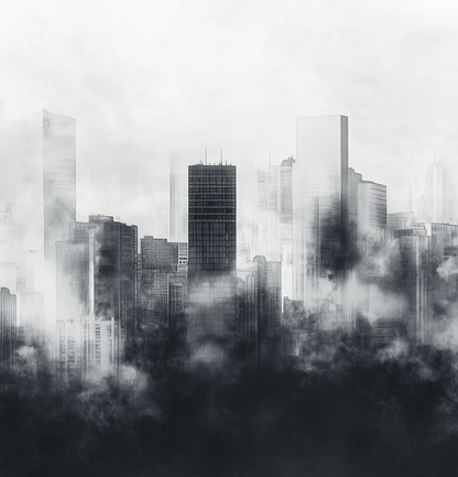 Digitaltapete „Stadtgeflüster“ mit urbaner Skyline im Nebel – in Graustufen, graphisch und modern