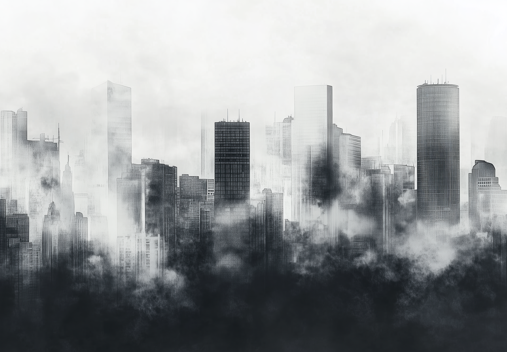 Digitaltapete „Stadtgeflüster“ mit urbaner Skyline im Nebel – in Graustufen, graphisch und modern