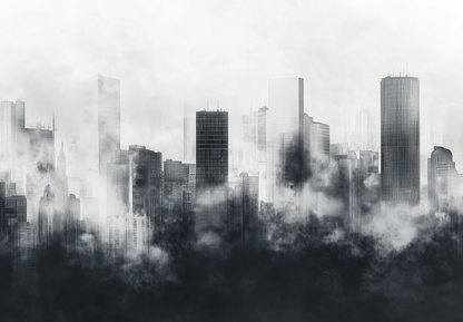Digitaltapete „Stadtgeflüster“ mit urbaner Skyline im Nebel – in Graustufen, graphisch und modern
