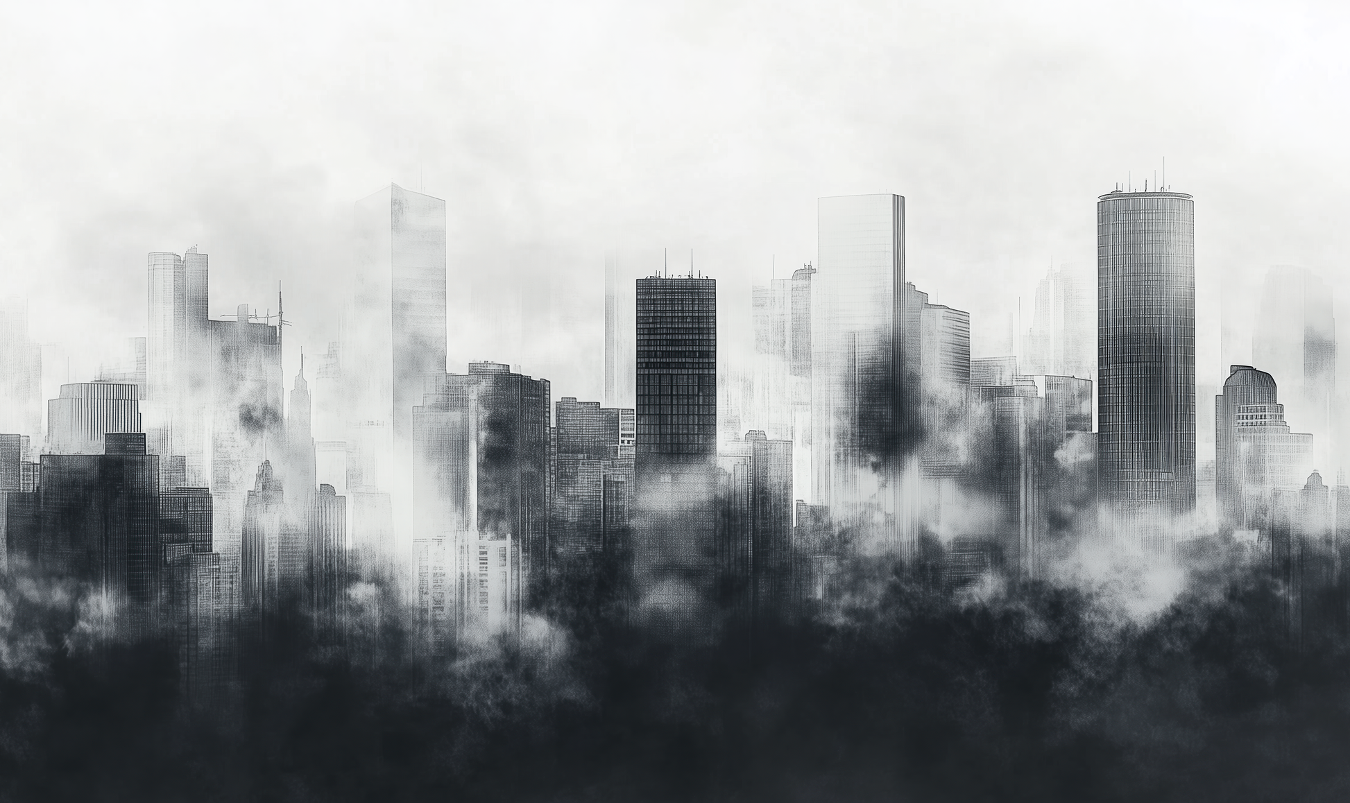 Digitaltapete „Stadtgeflüster“ mit urbaner Skyline im Nebel – in Graustufen, graphisch und modern
