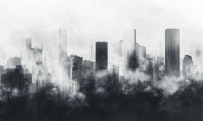 Digitaltapete „Stadtgeflüster“ mit urbaner Skyline im Nebel – in Graustufen, graphisch und modern