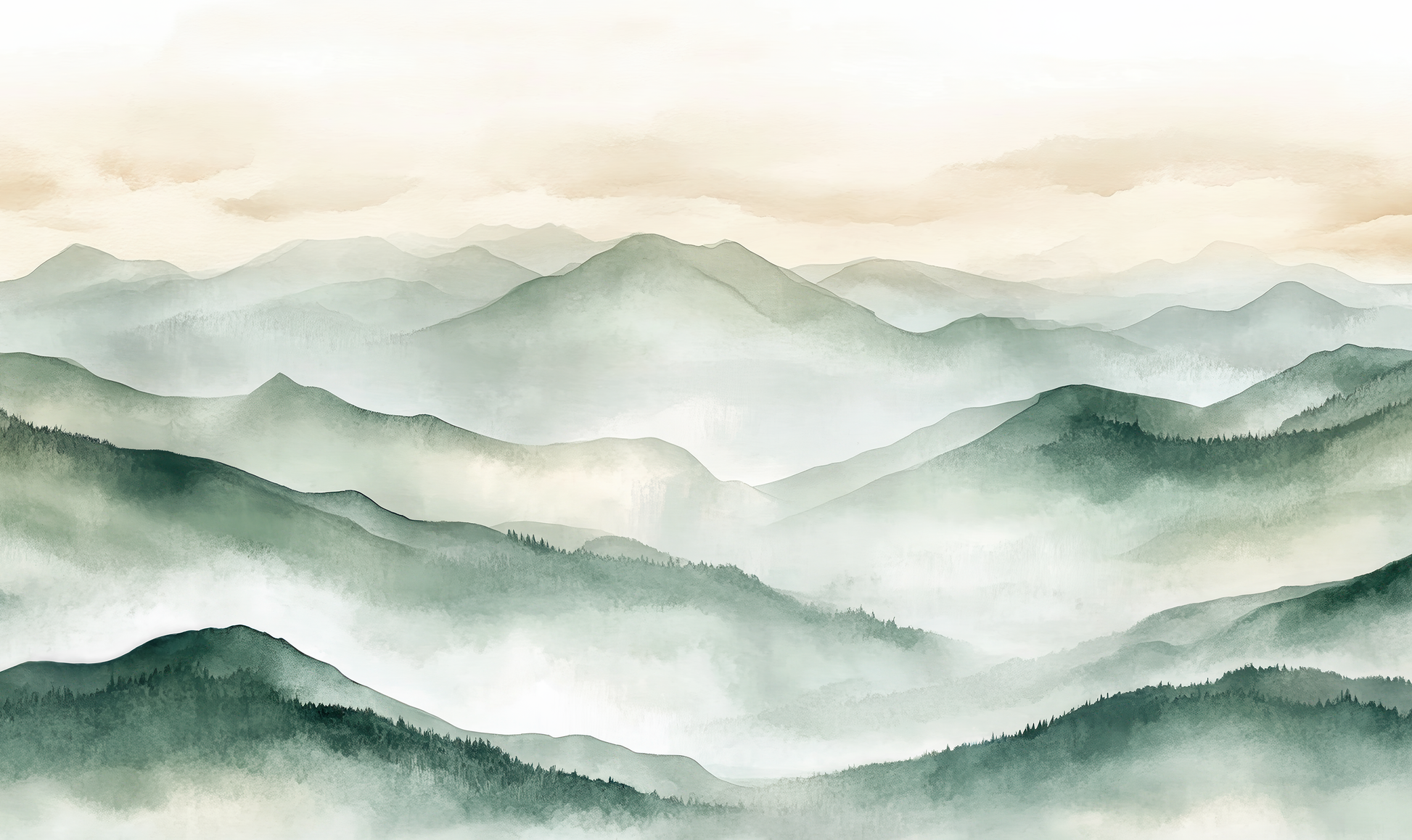Selbstklebende Tapete „Fernes Grün“ mit Aquarell-Hügeln in Grüntönen – ruhige Vliestapete für Natur-inspirierte Raumkonzepte
