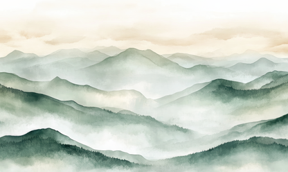 Selbstklebende Tapete „Fernes Grün“ mit Aquarell-Hügeln in Grüntönen – ruhige Vliestapete für Natur-inspirierte Raumkonzepte
