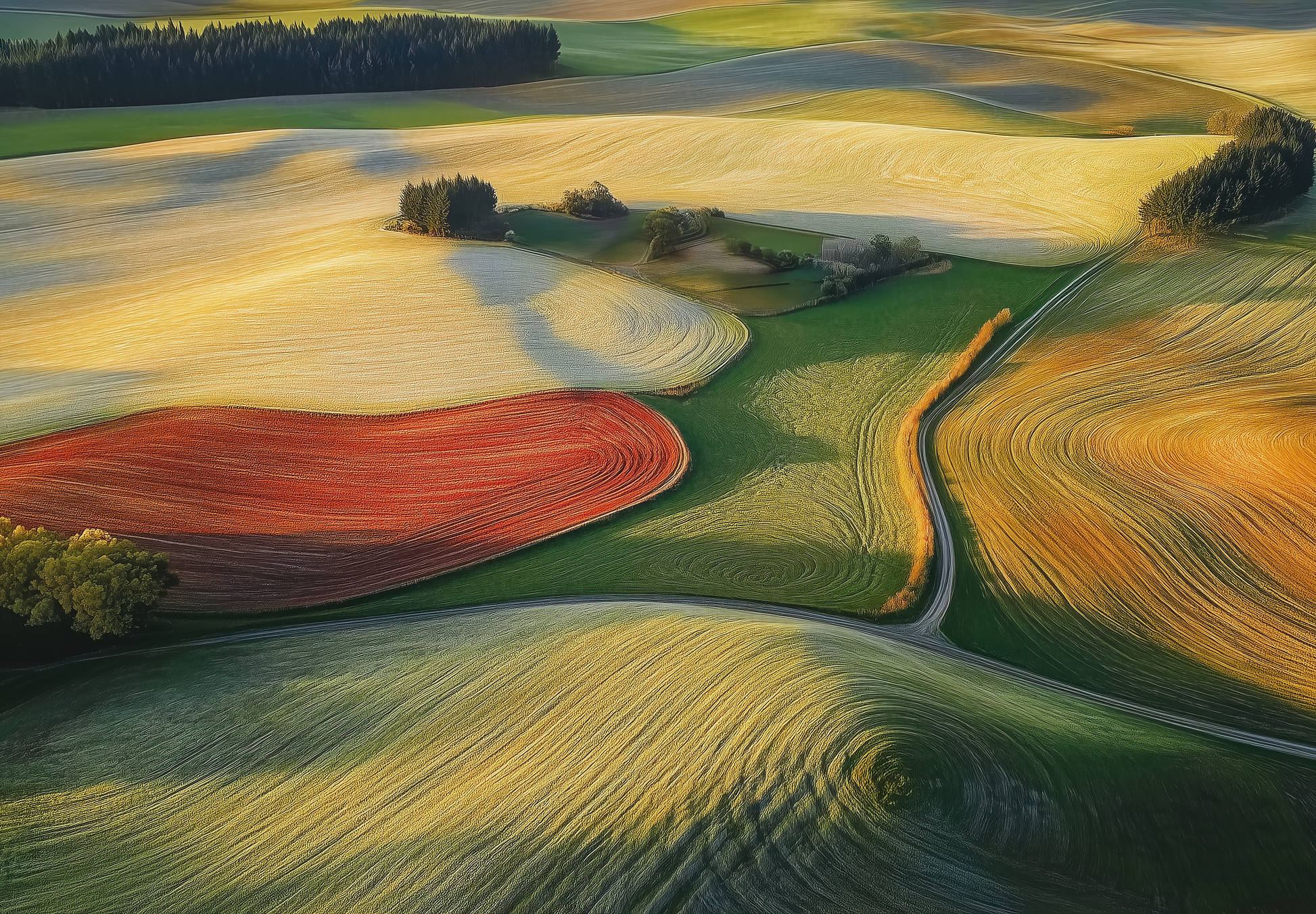 Selbstklebende Digitaltapete „Felderflüstern“ mit abstrakter Landschaft in Gold, Grün und Rot – modernes Naturdesign für kreative Wohnräume