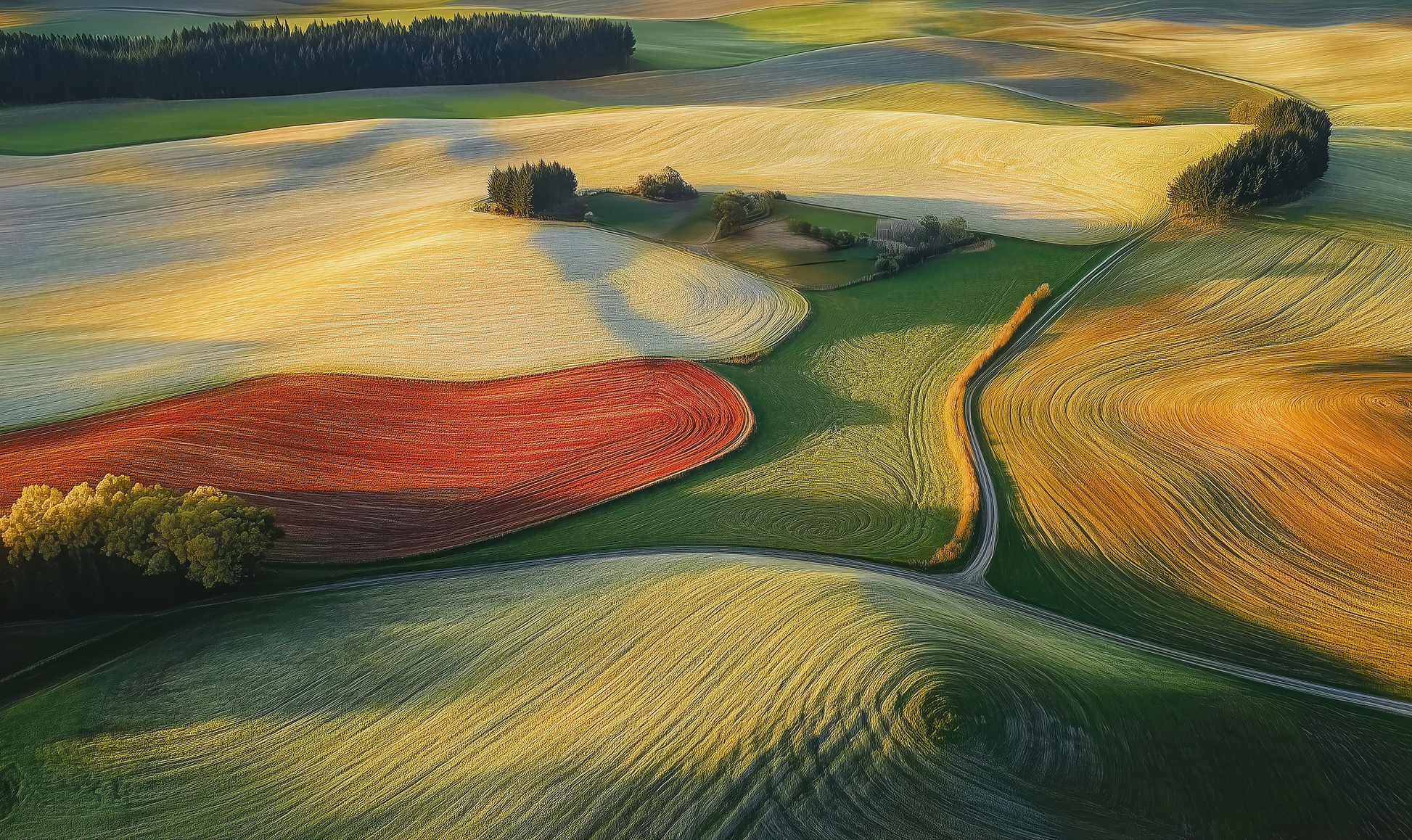 Selbstklebende Digitaltapete „Felderflüstern“ mit abstrakter Landschaft in Gold, Grün und Rot – modernes Naturdesign für kreative Wohnräume
