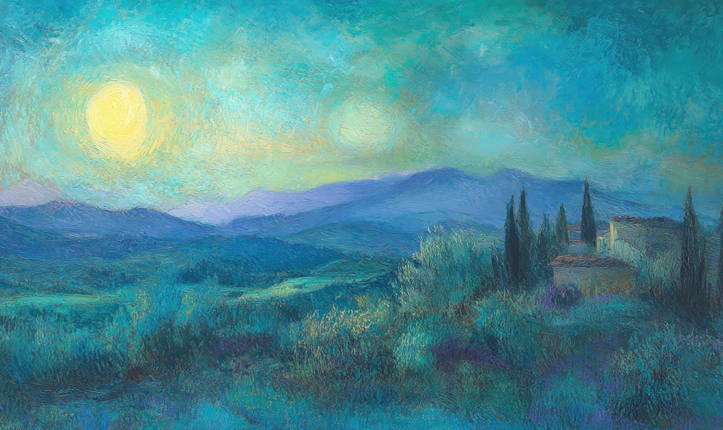 Digitale Wandtapete mit impressionistischer Landschaft und toskanischen Hügeln in Pastelltönen – Toskanischer Traum
