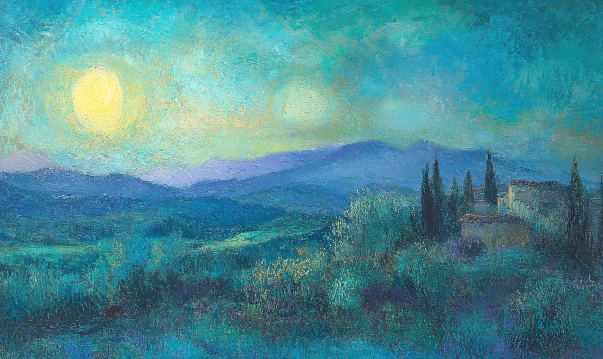 Digitale Wandtapete mit impressionistischer Landschaft und toskanischen Hügeln in Pastelltönen – Toskanischer Traum
