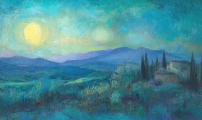 Digitale Wandtapete mit impressionistischer Landschaft und toskanischen Hügeln in Pastelltönen – Toskanischer Traum
