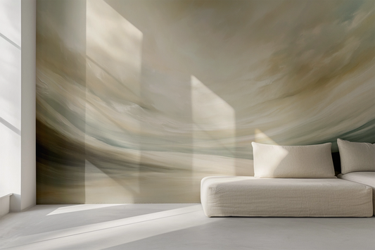 Abstrakte Tapete „Light Fade“ mit Farbverlauf in Sand, Beige und Himmelblau – moderne, selbstklebende Wandgestaltung für ruhige Wohnräume.

