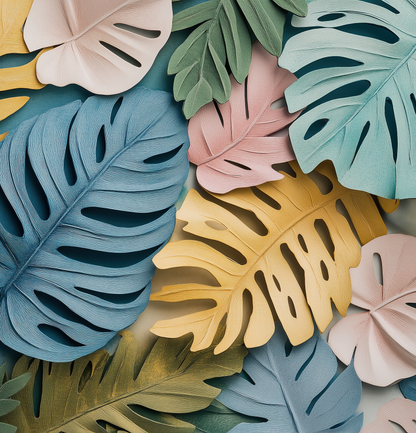 Color Tropic – Self-adhesive digital wallpaper with stylized monstera and palm leaves in sorbet colors