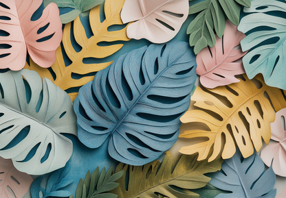 Color Tropic – Self-adhesive digital wallpaper with stylized monstera and palm leaves in sorbet colors