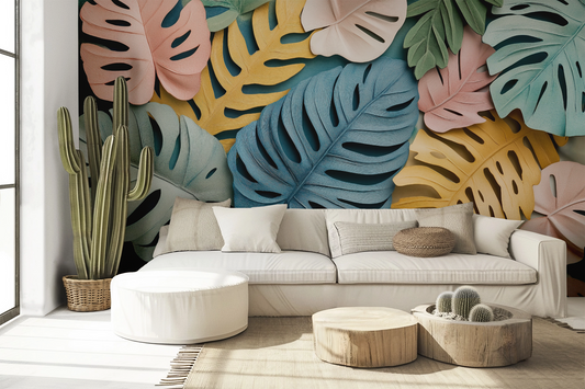 Color Tropic – Self-adhesive digital wallpaper with stylized monstera and palm leaves in sorbet colors