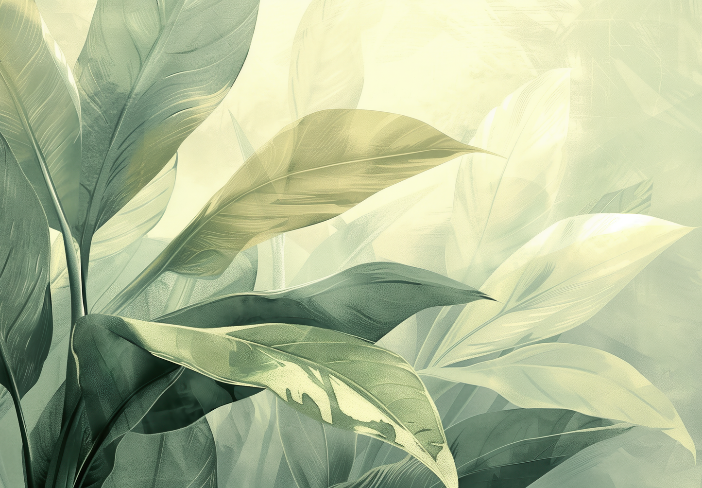 Botanical Calm – Digitale Blätter-Tapete in Grün und Creme für moderne Natur-Interieurs