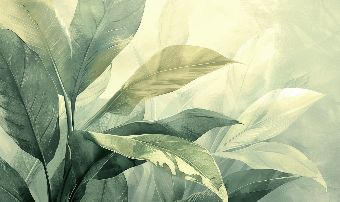 Botanical Calm – Digitale Blätter-Tapete in Grün und Creme für moderne Natur-Interieurs