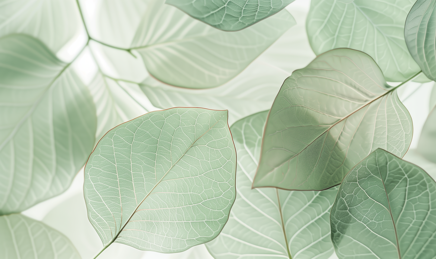 Leaves – Selbstklebende Tapete mit Blättermotiv in Salbei und Nebelweiß