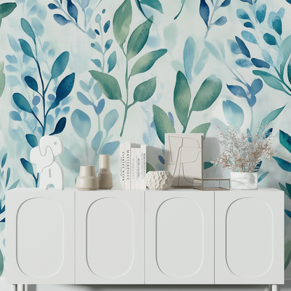 Flow – Digitale Tapete mit Aquarell-Design aus Eukalyptus, Nebel & Naturtönen