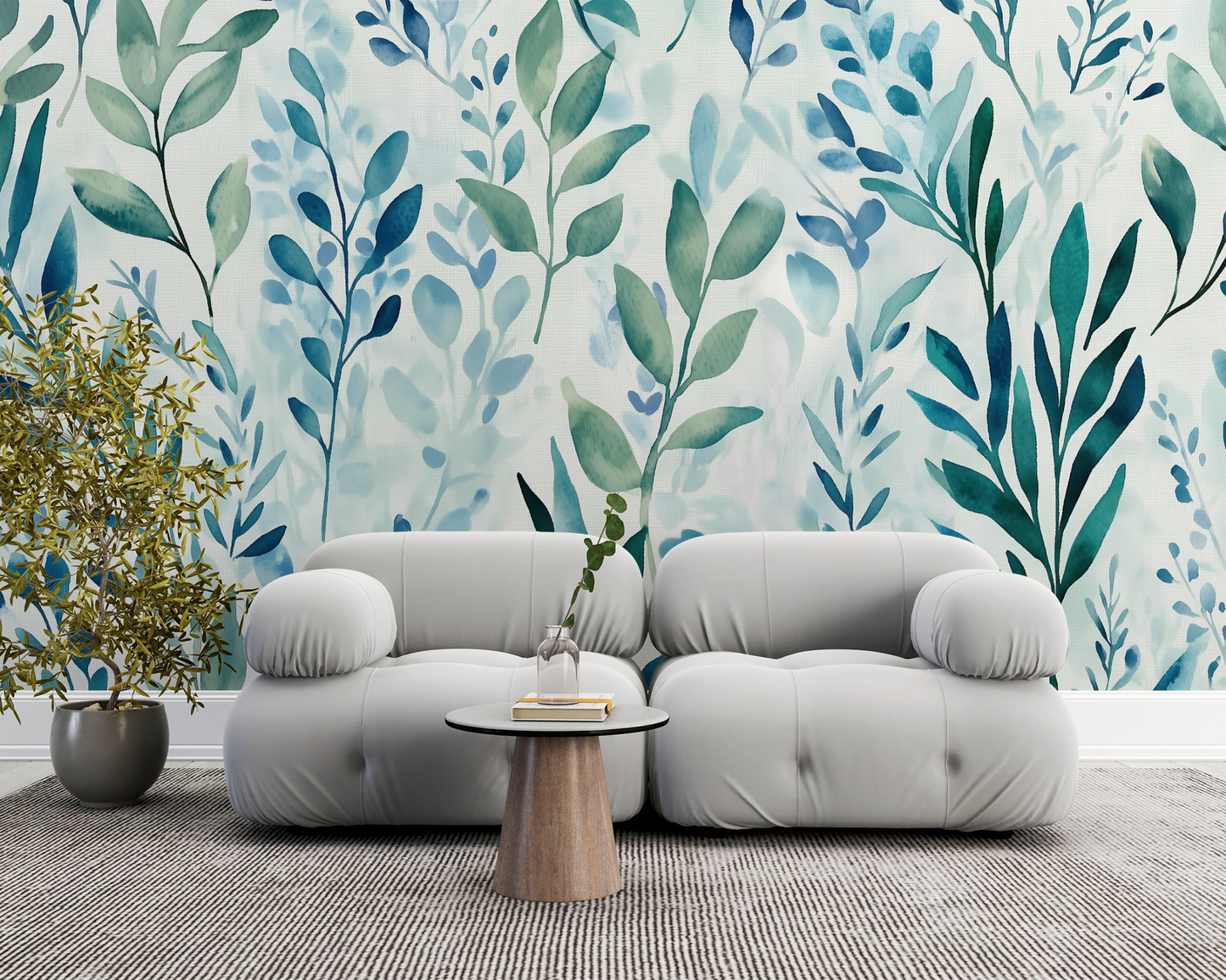Flow – Digitale Tapete mit Aquarell-Design aus Eukalyptus, Nebel & Naturtönen