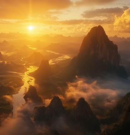 Goldene Weite – Digitale Landschaftstapete mit Sonnenuntergang & Bergpanorama