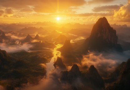 Goldene Weite – Digitale Landschaftstapete mit Sonnenuntergang & Bergpanorama