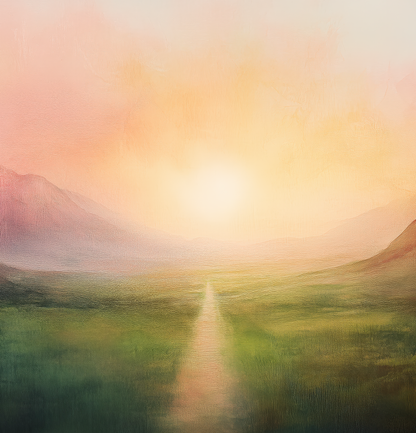 Sonnenpfad – Digitales Wandbild mit Sonnenaufgang in sanften Gold- und Rosétönen