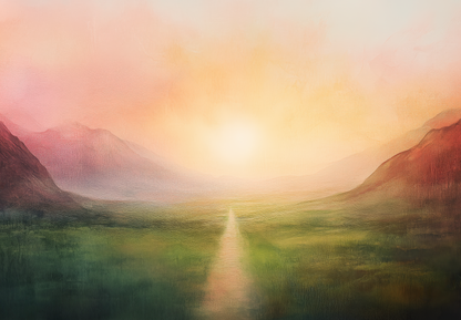 Sonnenpfad – Digitales Wandbild mit Sonnenaufgang in sanften Gold- und Rosétönen