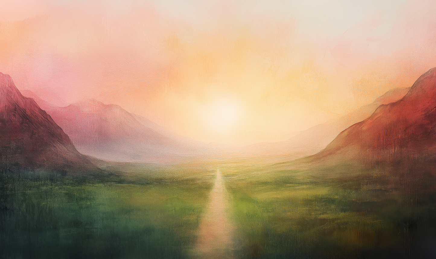 Sonnenpfad – Digitales Wandbild mit Sonnenaufgang in sanften Gold- und Rosétönen