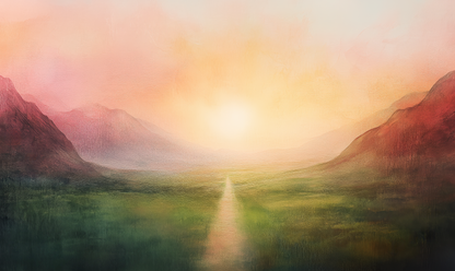 Sonnenpfad – Digitales Wandbild mit Sonnenaufgang in sanften Gold- und Rosétönen