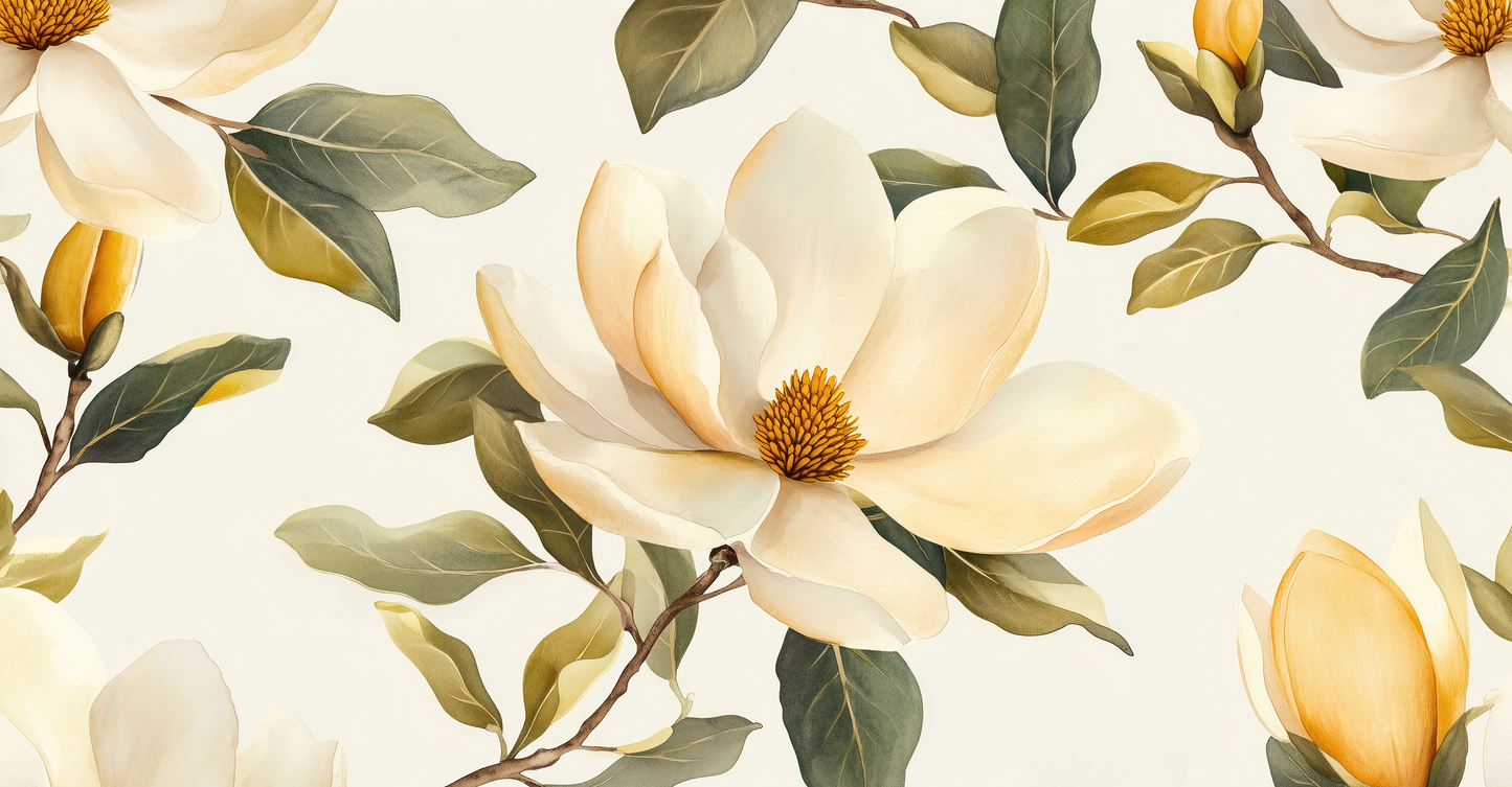 Magnolia Grace – Selbstklebende Digitaltapete mit großformatigen Magnolien in Creme, Gold und Olivgrün