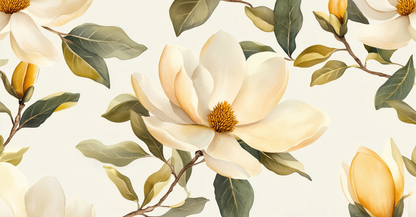 Magnolia Grace – Selbstklebende Digitaltapete mit großformatigen Magnolien in Creme, Gold und Olivgrün