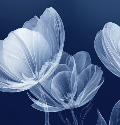 Nachtschimmer – Moderne selbstklebende Tapete in Tiefblau mit floraler Grafik, als Wandbild im Digitaldruck