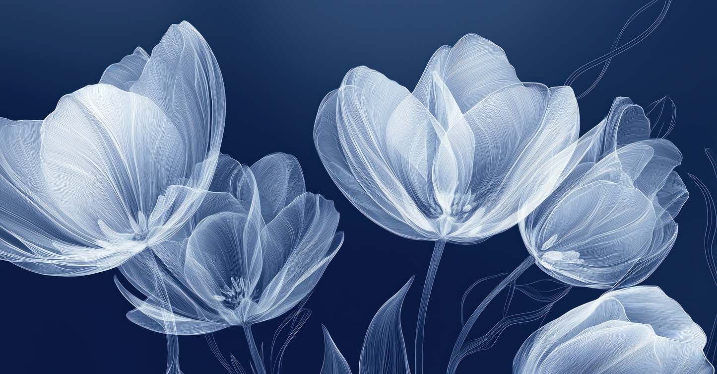 Nachtschimmer – Moderne selbstklebende Tapete in Tiefblau mit floraler Grafik, als Wandbild im Digitaldruck