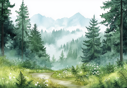 Waldpfad – Waldtapete mit mystischer Aquarellszene