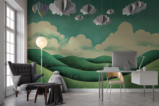 Wolkenwiesen – Digitale Wandtapete mit stilisierter Landschaft