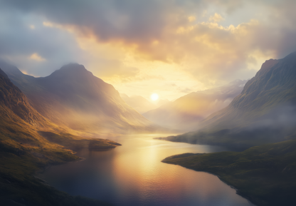Golden Fjord – Selbstklebende Tapete mit ruhigem Bergpanorama