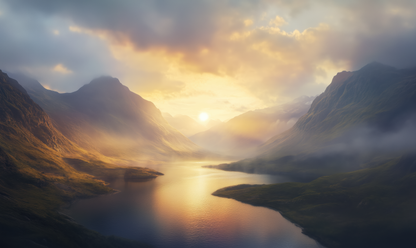 Golden Fjord – Selbstklebende Tapete mit ruhigem Bergpanorama