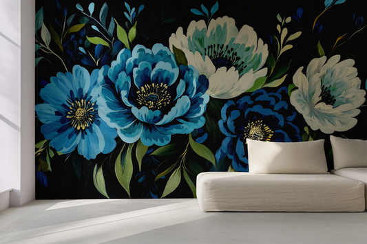 Dunkle Blumentapete Nuit Florale – florales Stillleben in Nachtblau und Elfenbein – selbstklebend, ideal für Schlafzimmer