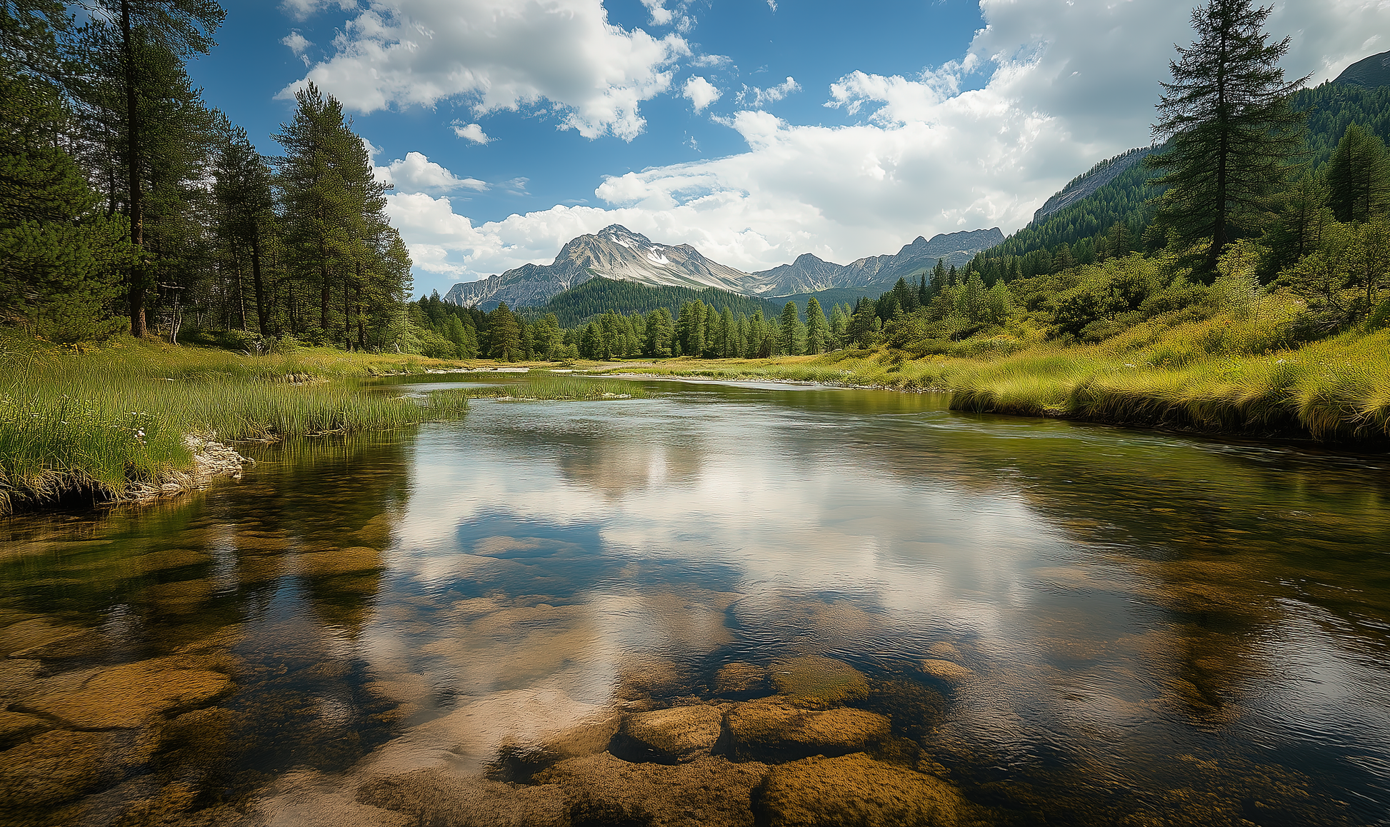 Selbstklebende Panorama-Tapete Bergruhe mit alpinem Landschaftsmotiv in Naturgrau & Moosgrün. Perfekt für ruhige Wohnräume, Spa, Hotel oder Homeoffice.
