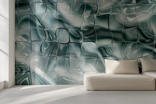 Aqua Prisma ist eine selbstklebende Tapete mit Glasstruktur und optischer Tiefenwirkung – ideal für moderne Bäder, Design-Lofts, Showrooms und Hotelbereiche. Cool, grafisch und architektonisch.