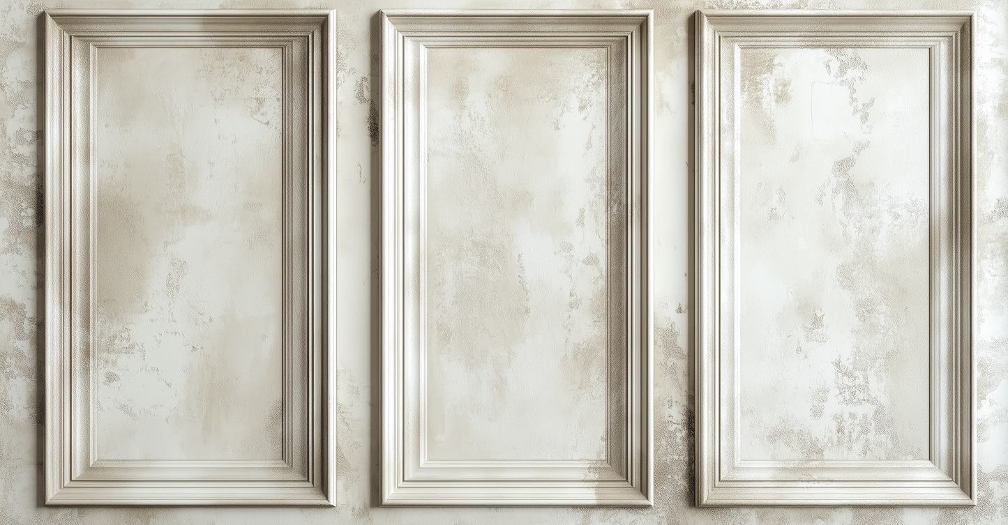 Pannelli Chiari: selbstklebende Tapete mit Stuck- & Paneel-Effekt in Elfenbein, Kalk & Sand. Edle 3D-Optik für Wohnzimmer, Hotels, Ateliers & Showrooms.