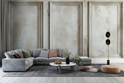 Pannelli Chiari: selbstklebende Tapete mit Stuck- & Paneel-Effekt in Elfenbein, Kalk & Sand. Edle 3D-Optik für Wohnzimmer, Hotels, Ateliers & Showrooms.