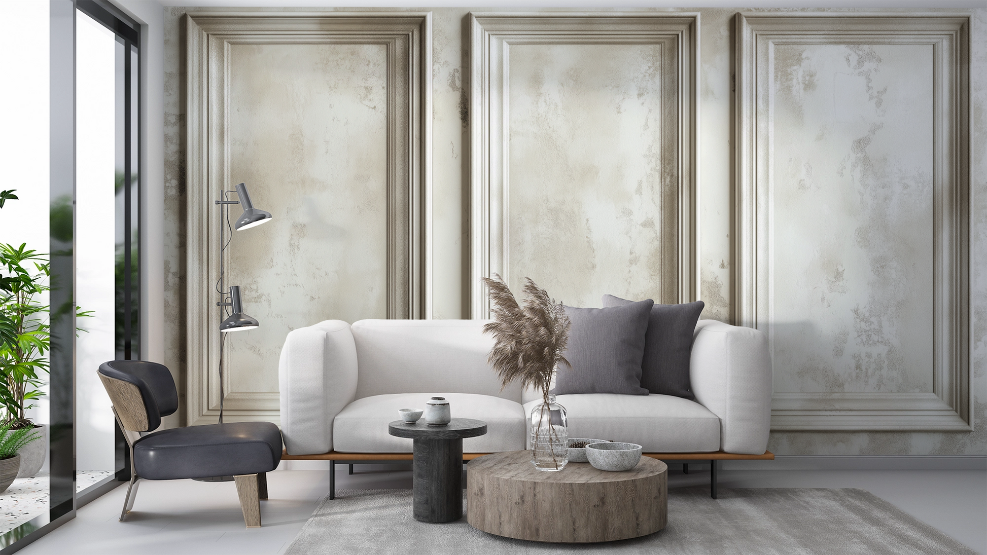 Pannelli Chiari: selbstklebende Tapete mit Stuck- & Paneel-Effekt in Elfenbein, Kalk & Sand. Edle 3D-Optik für Wohnzimmer, Hotels, Ateliers & Showrooms.