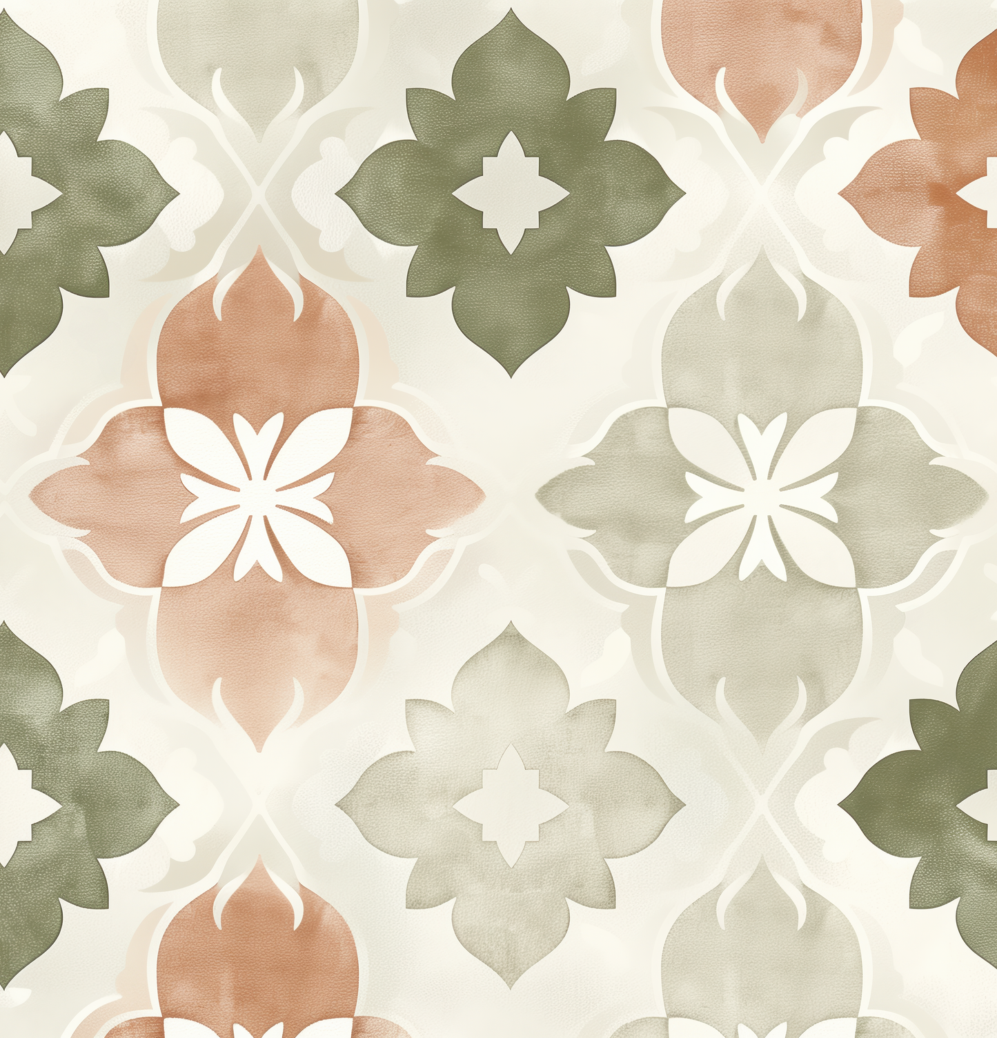 Terra Flora ist eine selbstklebende Tapete mit floralem Ornament in Terrakotta, Salbei & Sand – mediterran, modern & perfekt für stilvolle Räume mit Struktur.