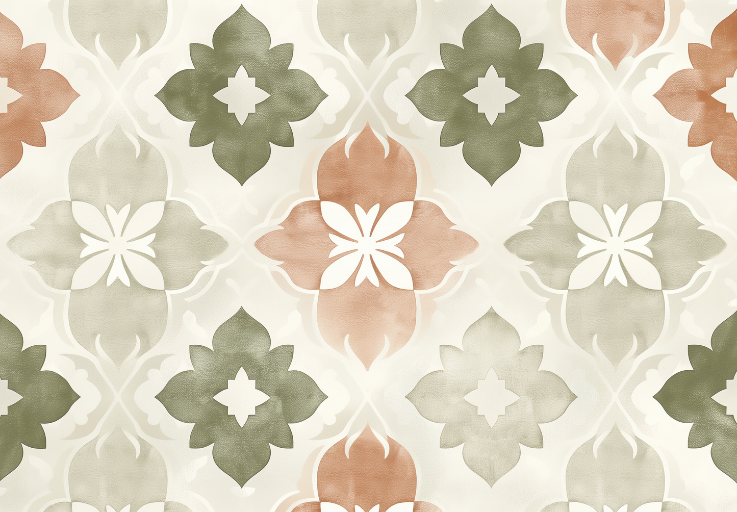 Terra Flora ist eine selbstklebende Tapete mit floralem Ornament in Terrakotta, Salbei & Sand – mediterran, modern & perfekt für stilvolle Räume mit Struktur.
