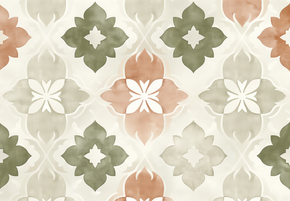 Terra Flora ist eine selbstklebende Tapete mit floralem Ornament in Terrakotta, Salbei & Sand – mediterran, modern & perfekt für stilvolle Räume mit Struktur.