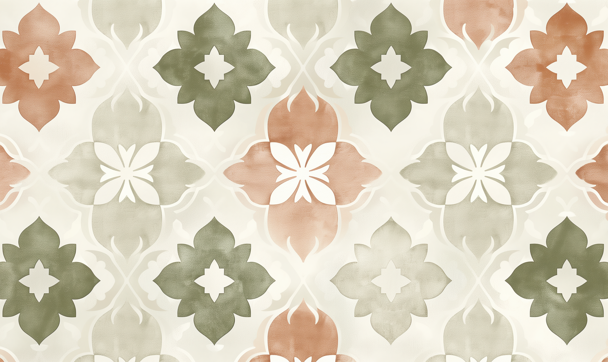 Terra Flora ist eine selbstklebende Tapete mit floralem Ornament in Terrakotta, Salbei & Sand – mediterran, modern & perfekt für stilvolle Räume mit Struktur.